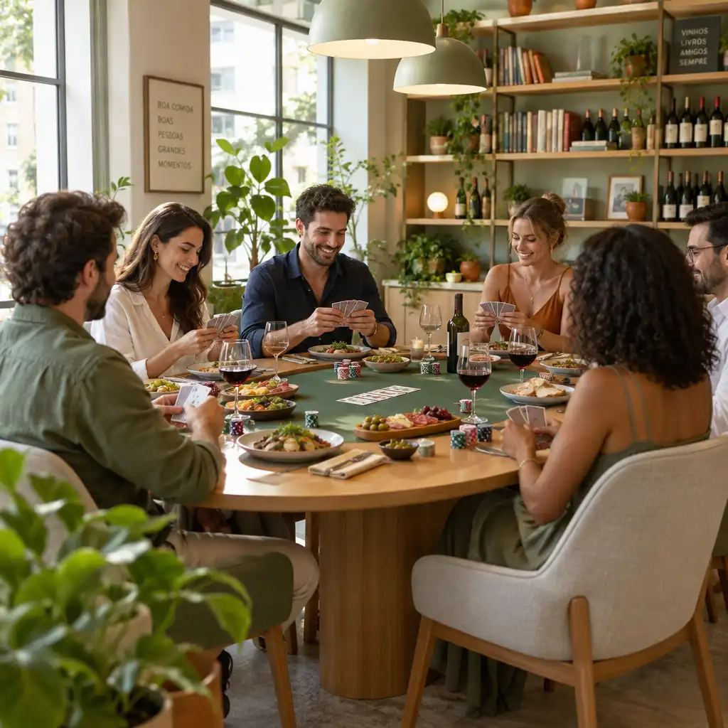 Mesa de pôquer oval em bistrô moderno com jogadores sorrindo, pratos artesanais e plantas verdes