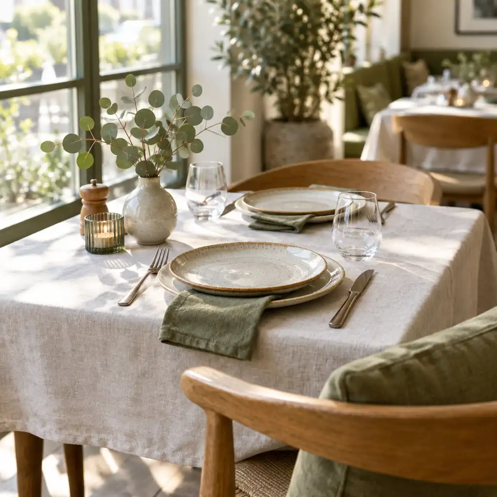 Mesa de bistro acolhedora com toalha de linho, pratos artesanais e folhas de eucalipto, iluminada por luz natural suave.