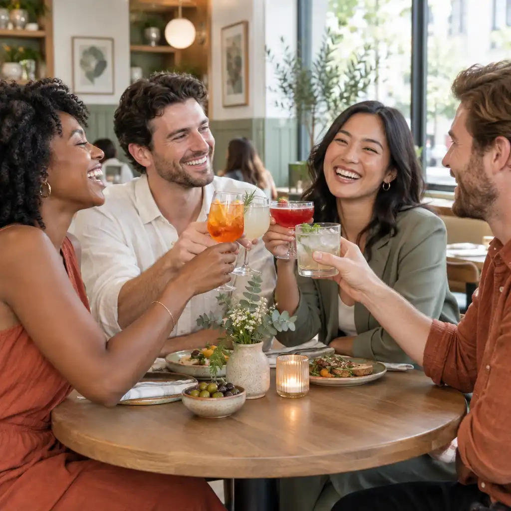 Grupo de quatro adultos sorrindo e brindando com drinques artesanais em uma mesa de bistro após um evento social.