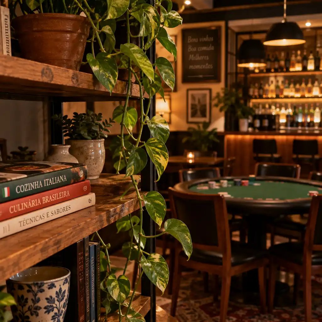 Prateleira de madeira com plantas pendentes, livros e vasos de cerâmica, ao fundo mesa de pôquer