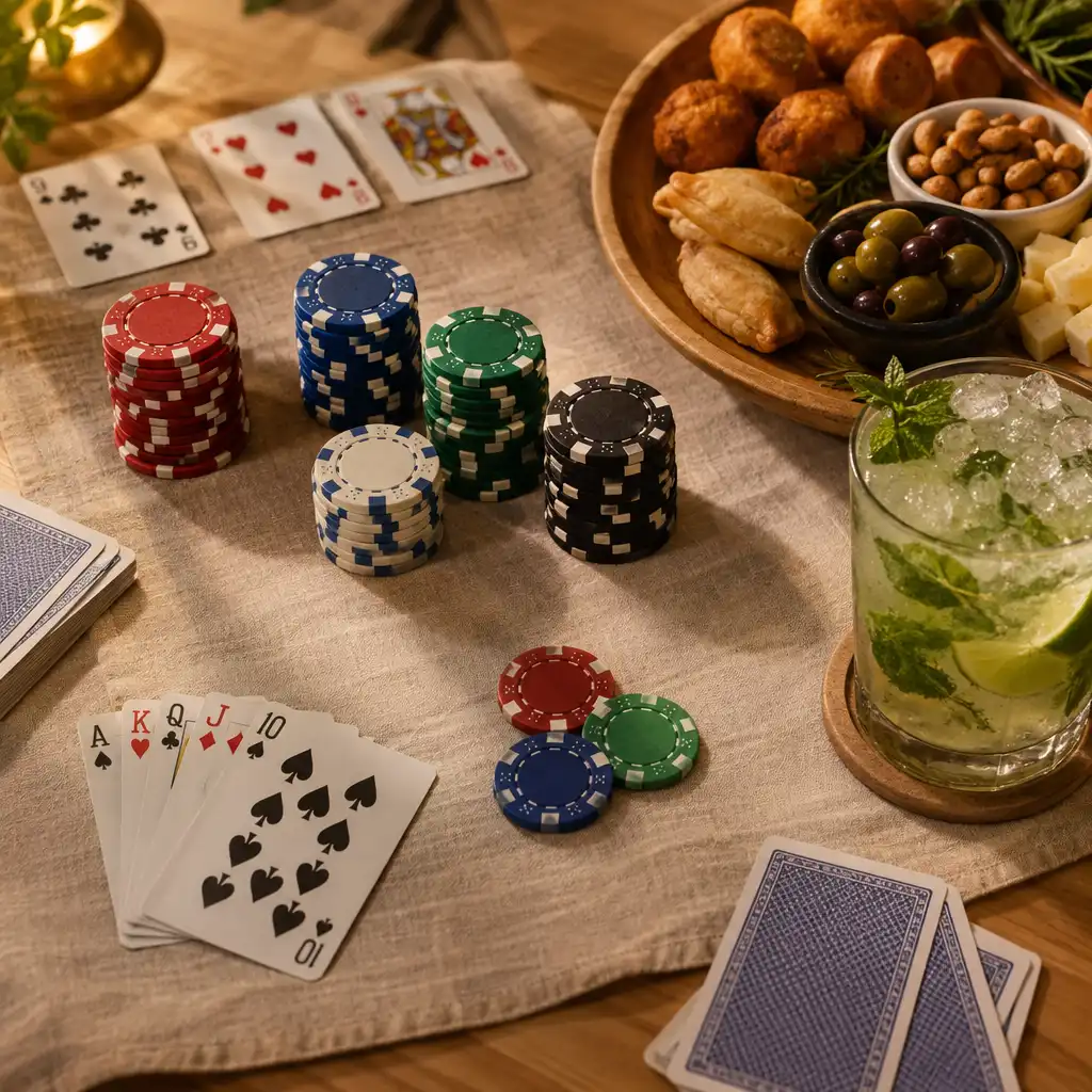 Pilhas de fichas limpas e organizadas sobre a mesa, com pratos e drinks ao fundo