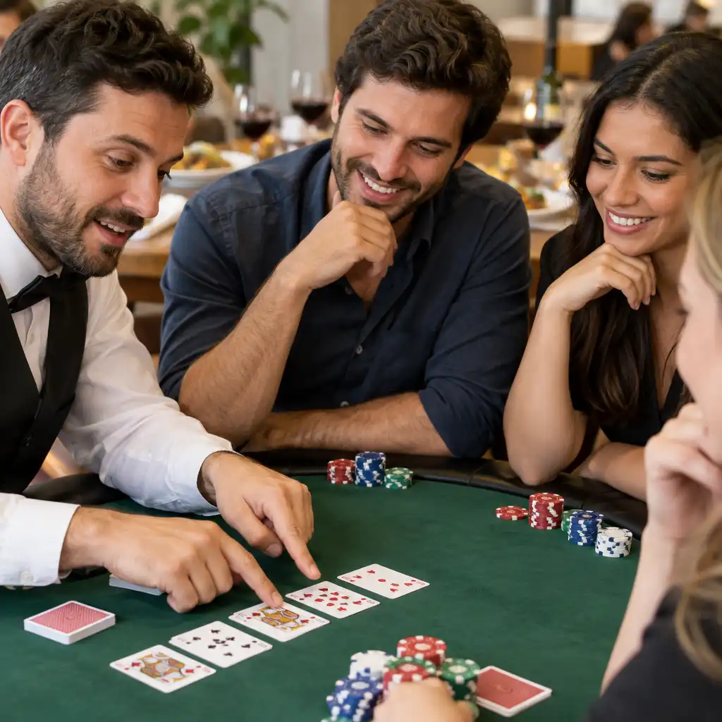 Jogadores sorridentes interagindo com o dealer durante uma rodada