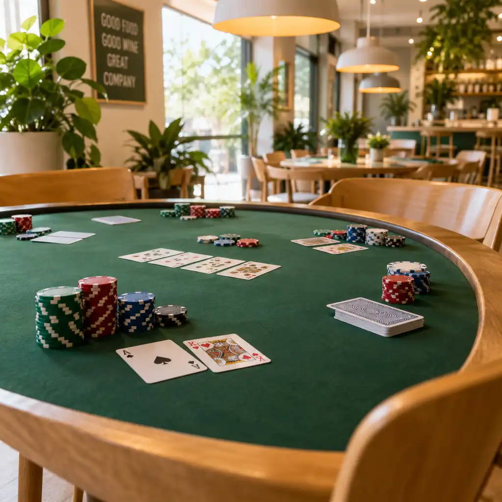 Mesa de pôquer com feltro verde, fichas coloridas e cartas em um bistrô claro com plantas
