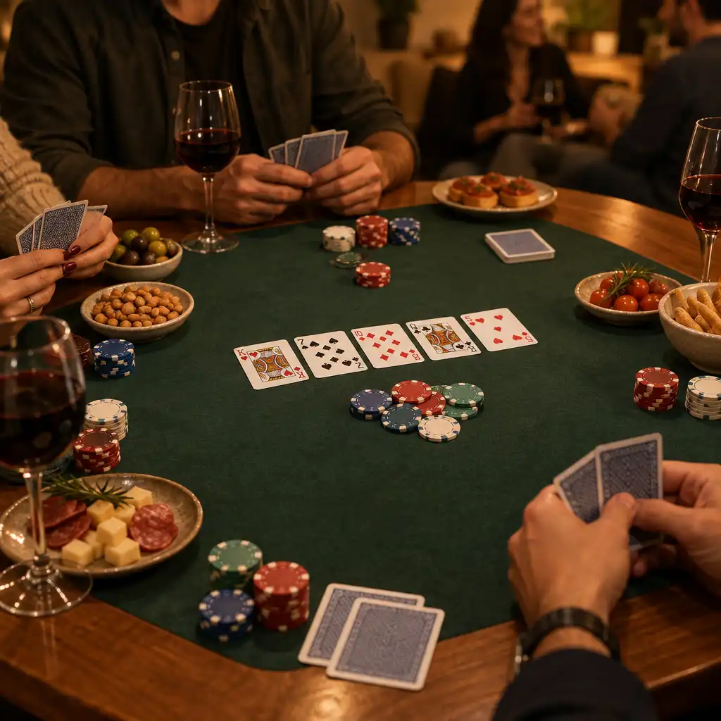 Mesa de pôquer com cartas, fichas coloridas e petiscos, mãos de jogadores ao redor