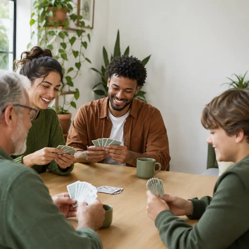 Mesa de bistrô com pessoas de diferentes idades e gêneros sorrindo enquanto jogam cartas