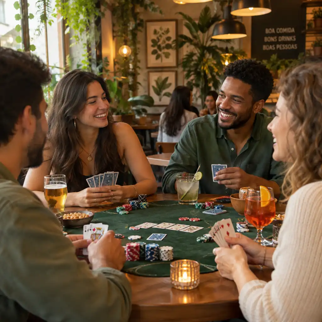 Grupo de participantes sorrindo e conversando ao redor de uma mesa de pôquer com cartas e bebidas