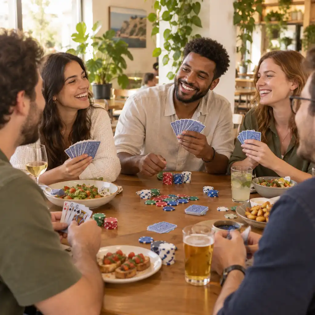 Grupo de amigos sorrindo ao redor de mesa de pôquer em restaurante claro
