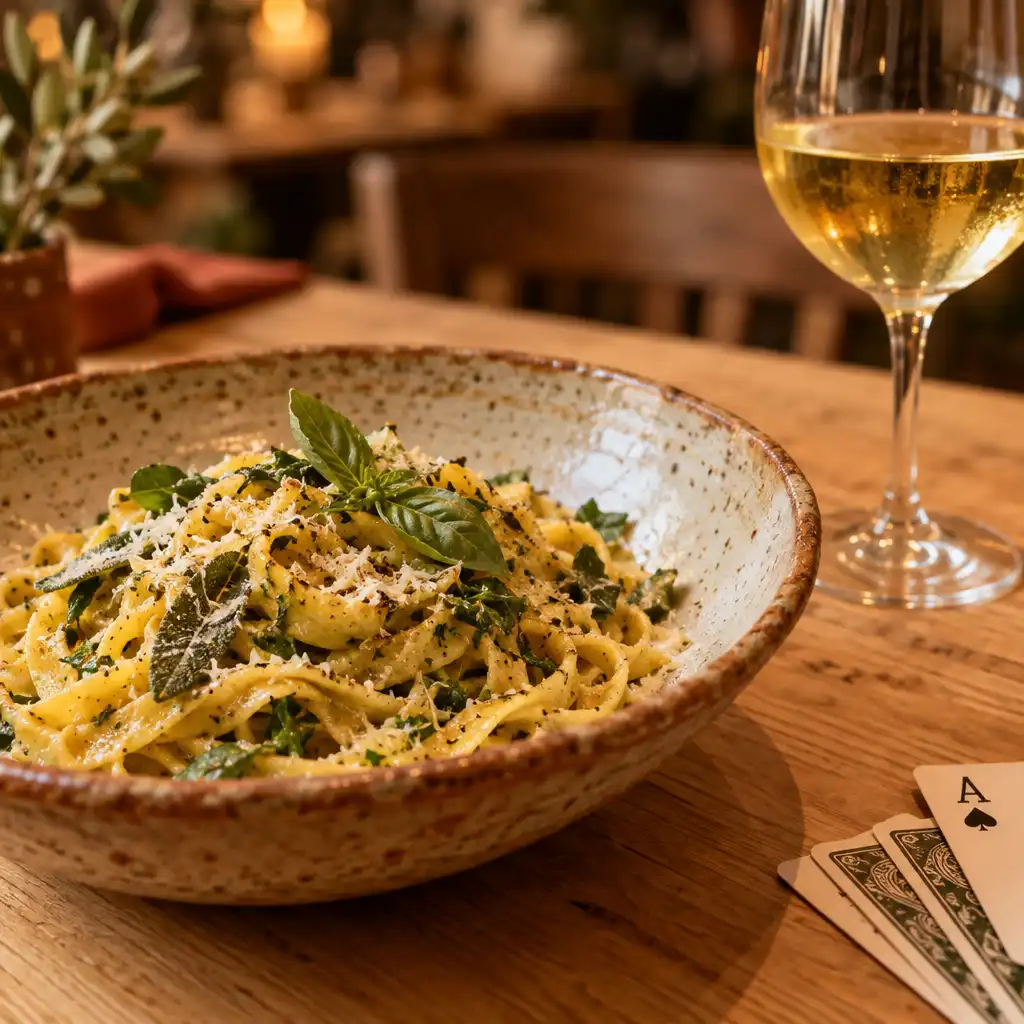 Prato artesanal com massa fresca e ervas ao lado de uma taça de vinho branco e cartas de baralho, harmonizando gastronomia e pôquer