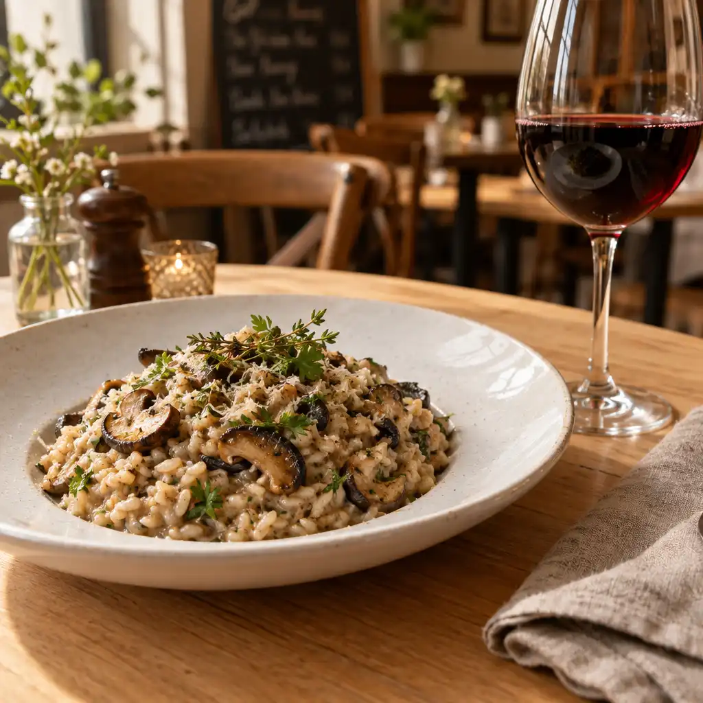 Prato de risoto de cogumelos com ervas frescas e taça de vinho tinto em mesa de madeira