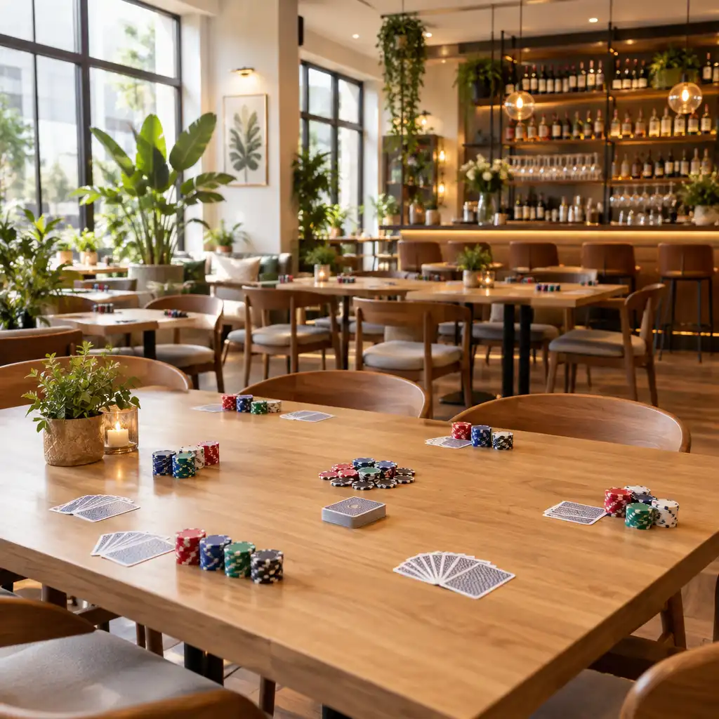 Mesas de restaurante modernas com iluminação natural e decoração botânica