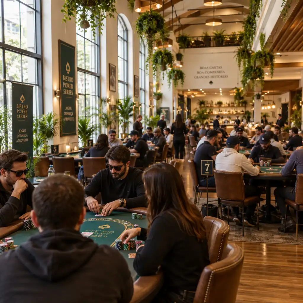 Vista ampla de um salão de bistrô durante evento de pôquer, com várias mesas, luz natural e plantas suspensas